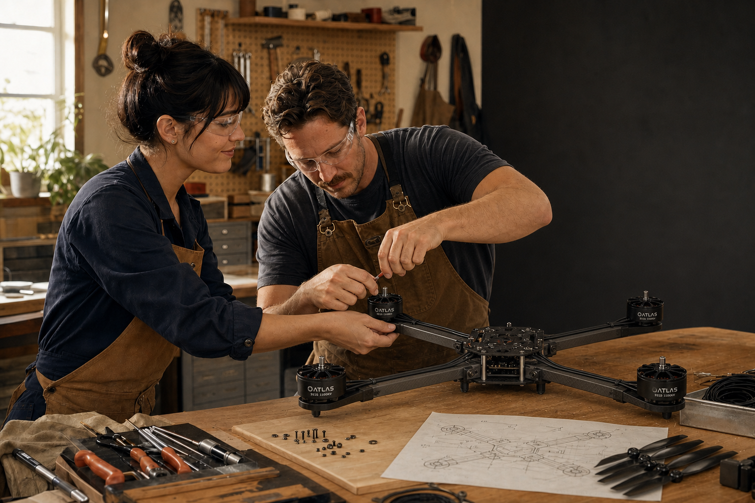 Two makers assembling a quadcopter in a warm workshop